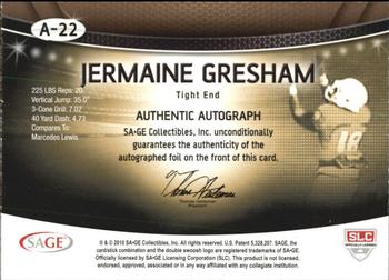 2010 SAGE - Autographs Red #A-22 Jermaine Gresham Back