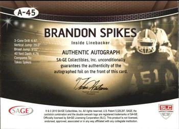 2010 SAGE - Autographs Silver #A-45 Brandon Spikes  Back