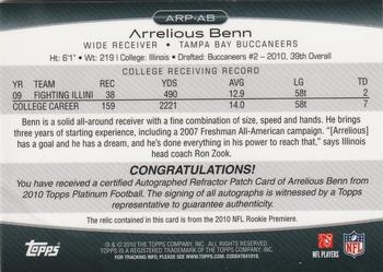 2010 Topps Platinum - Autographed Patches #ARP-AB Arrelious Benn Back