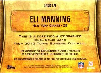 2010 Topps Supreme - Autographed Dual Relics Blue #SADR-EM Eli Manning  Back