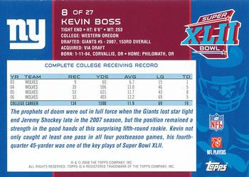 2008 Topps New York Giants Super Bowl XLII Champions #8 Kevin Boss Back