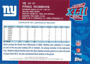 2008 Topps New York Giants Super Bowl XLII Champions #15 Fred Robbins Back