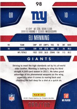 2011 Panini Certified - Platinum Blue #98 Eli Manning  Back