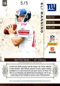 2011 Panini Plates & Patches - Jerseys Prime Jersey Number #10 Eli Manning Back