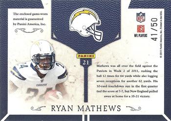 2011 Panini Plates & Patches - NFL Equipment Prime #21 Ryan Mathews Back