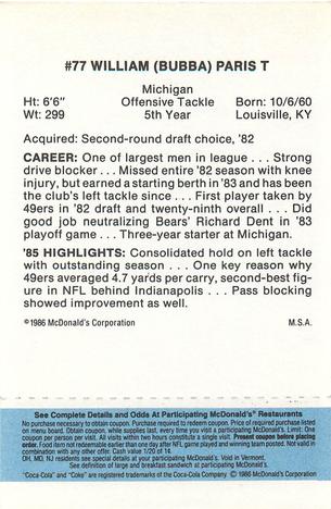 1986 McDonald's San Francisco 49ers - Full Game Pieces - Week 1 Blue Tab #NNO Bubba Paris Back