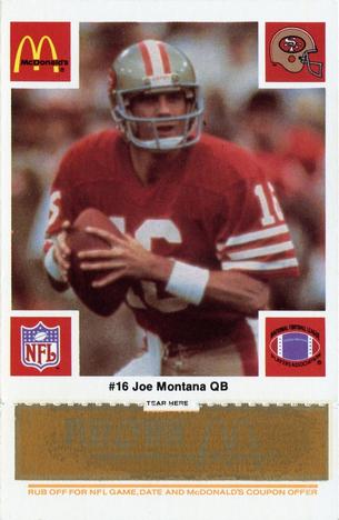 1986 McDonald's San Francisco 49ers - Full Game Pieces - Week 3 Gold/Orange Tab #NNO Joe Montana Front