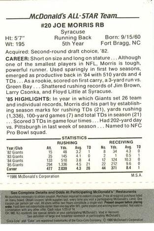 1986 McDonald's All-Star Team - Full Game Pieces: Week 2 Black/Gray Tab #NNO Joe Morris Back