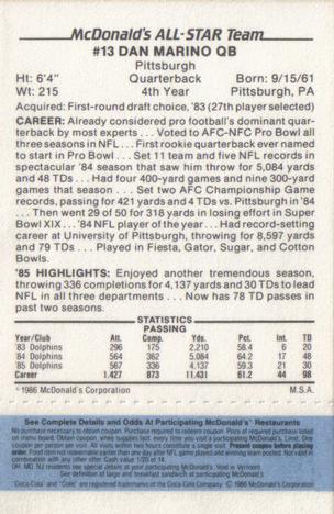 1986 McDonald's All-Star Team - Full Game Pieces: Week 1 Blue Tab #NNO Dan Marino Back