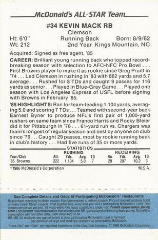1986 McDonald's All-Star Team - Full Game Pieces: Week 1 Blue Tab #NNO Kevin Mack Back