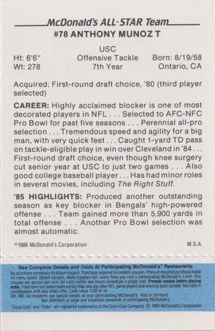 1986 McDonald's All-Star Team - Full Game Pieces: Week 1 Blue Tab #NNO Anthony Munoz Back