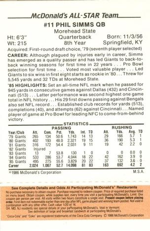 1986 McDonald's All-Star Team - Full Game Pieces: Week 3 Gold/Orange Tab #NNO Phil Simms Back