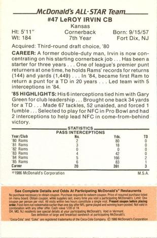 1986 McDonald's All-Star Team - Full Game Pieces: Week 3 Gold/Orange Tab #NNO LeRoy Irvin Back