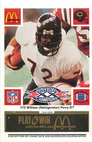 1986 McDonald's Chicago Bears - Full Game Pieces - Week 2 Black/Gray Tab #NNO William Perry Front