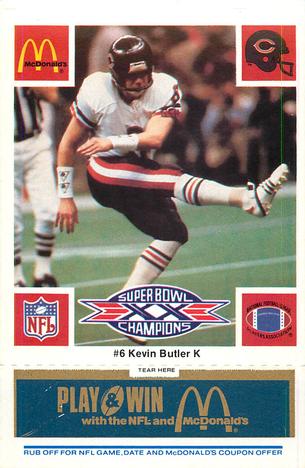 1986 McDonald's Chicago Bears - Full Game Pieces - Week 1 Blue Tab #NNO Kevin Butler Front