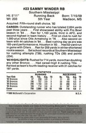 1986 McDonald's Denver Broncos - Full Game Pieces - Week 2 Black/Gray Tab #NNO Sammy Winder Back