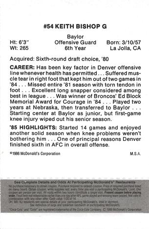 1986 McDonald's Denver Broncos - Full Game Pieces - Week 2 Black/Gray Tab #NNO Keith Bishop Back