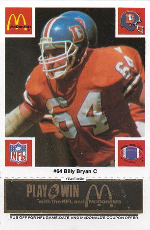 1986 McDonald's Denver Broncos - Full Game Pieces - Week 2 Black/Gray Tab #NNO Bill Bryan Front
