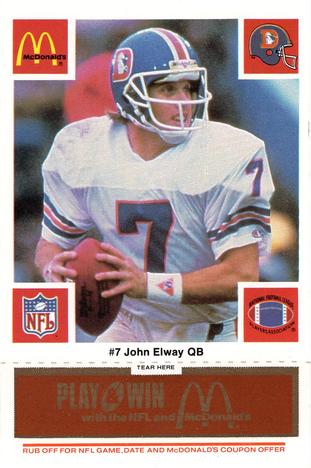1986 McDonald's Denver Broncos - Full Game Pieces - Week 3 Gold/Orange Tab #NNO John Elway Front