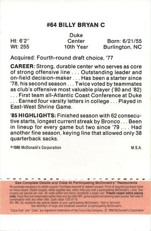 1986 McDonald's Denver Broncos - Full Game Pieces - Week 3 Gold/Orange Tab #NNO Bill Bryan Back