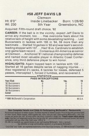 1986 McDonald's Tampa Bay Buccaneers - Full Game Pieces - Week 2 Black/Gray Tab #NNO Jeff Davis Back