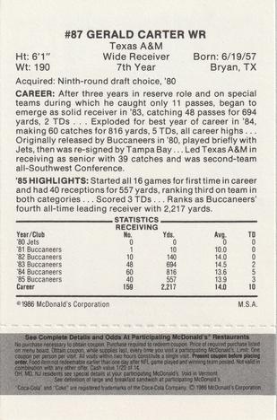 1986 McDonald's Tampa Bay Buccaneers - Full Game Pieces - Week 2 Black/Gray Tab #NNO Gerald Carter Back