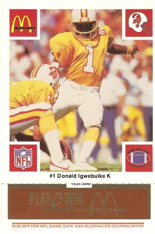 1986 McDonald's Tampa Bay Buccaneers - Full Game Pieces - Week 3 Gold/Orange Tab #NNO Donald Igwebuike Front