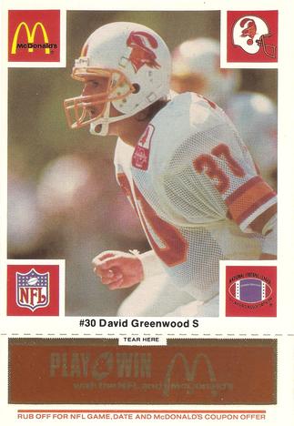 1986 McDonald's Tampa Bay Buccaneers - Full Game Pieces - Week 3 Gold/Orange Tab #NNO David Greenwood Front