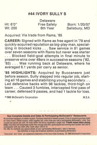 1986 McDonald's Tampa Bay Buccaneers - Full Game Pieces - Week 3 Gold/Orange Tab #NNO Ivory Sully Back