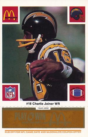 1986 McDonald's San Diego Chargers - Full Game Pieces - Week 3 Gold/Orange Tab #NNO Charlie Joiner Front