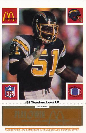 1986 McDonald's San Diego Chargers - Full Game Pieces - Week 3 Gold/Orange Tab #NNO Woodrow Lowe Front