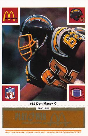 1986 McDonald's San Diego Chargers - Full Game Pieces - Week 3 Gold/Orange Tab #NNO Don Macek Front