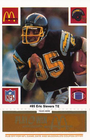 1986 McDonald's San Diego Chargers - Full Game Pieces - Week 3 Gold/Orange Tab #NNO Eric Sievers Front