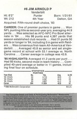 1986 McDonald's Kansas City Chiefs - Full Game Pieces - Week 2 Black/Gray Tab #NNO Jim Arnold Back