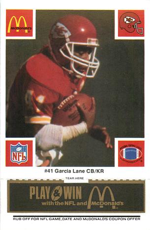 1986 McDonald's Kansas City Chiefs - Full Game Pieces - Week 2 Black/Gray Tab #NNO Garcia Lane Front