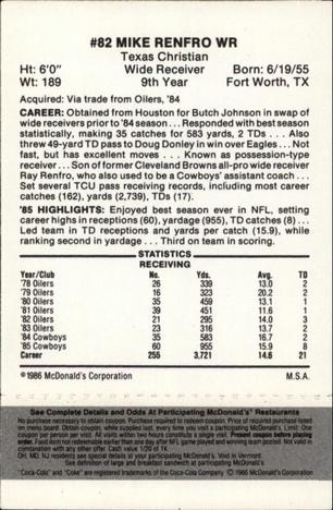 1986 McDonald's Dallas Cowboys - Full Game Pieces - Week 2 Black/Gray Tab #NNO Mike Renfro Back
