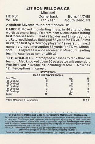 1986 McDonald's Dallas Cowboys - Full Game Pieces - Week 1 Blue Tab #NNO Ron Fellows Back