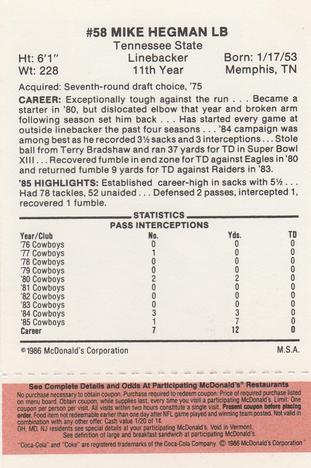 1986 McDonald's Dallas Cowboys - Full Game Pieces - Week 3 Gold/Orange Tab #NNO Mike Hegman Back