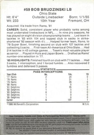 1986 McDonald's Miami Dolphins - Full Game Pieces - Week 2 Black/Gray Tab #NNO Bob Brudzinski Back