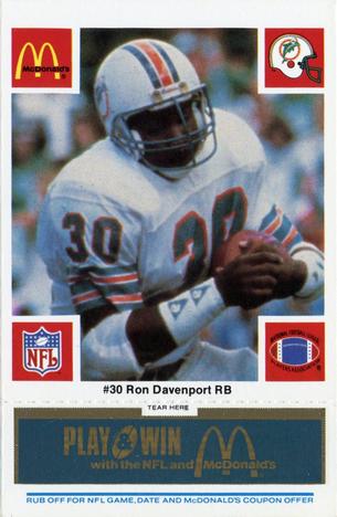 1986 McDonald's Miami Dolphins - Full Game Pieces - Week 1 Blue Tab #NNO Ron Davenport Front