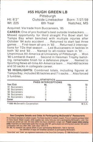 1986 McDonald's Miami Dolphins - Full Game Pieces - Week 3 Gold/Orange Tab #NNO Hugh Green Back