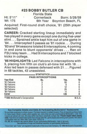 1986 McDonald's Atlanta Falcons - Full Game Pieces: Week 1 Blue Tab #NNO Bobby Butler Back
