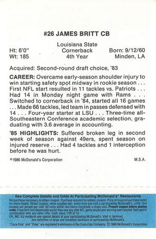1986 McDonald's Atlanta Falcons - Full Game Pieces: Week 1 Blue Tab #NNO James Britt Back