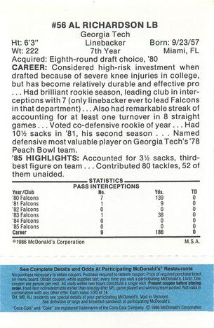 1986 McDonald's Atlanta Falcons - Full Game Pieces: Week 1 Blue Tab #NNO Al Richardson Back