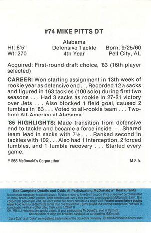 1986 McDonald's Atlanta Falcons - Full Game Pieces: Week 1 Blue Tab #NNO Mike Pitts Back