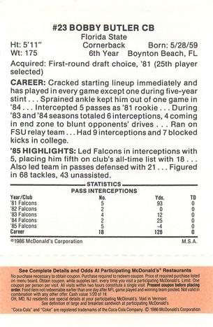1986 McDonald's Atlanta Falcons - Full Game Pieces: Week 3 Gold/Orange Tab #NNO Bobby Butler Back