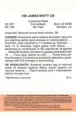 1986 McDonald's Atlanta Falcons - Full Game Pieces: Week 3 Gold/Orange Tab #NNO James Britt Back