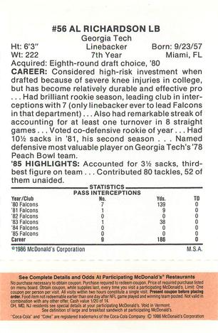 1986 McDonald's Atlanta Falcons - Full Game Pieces: Week 3 Gold/Orange Tab #NNO Al Richardson Back