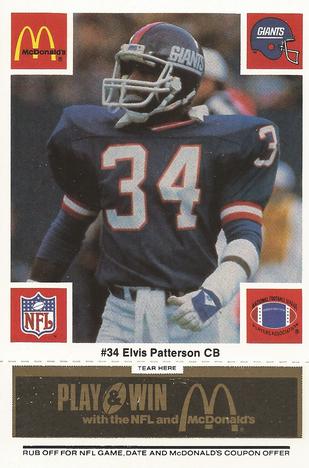1986 McDonald's New York Giants - Full Game Pieces - Week 2 Black/Gray Tab #NNO Elvis Patterson Front