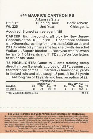 1986 McDonald's New York Giants - Full Game Pieces - Week 3 Gold/Orange Tab #NNO Maurice Carthon Back